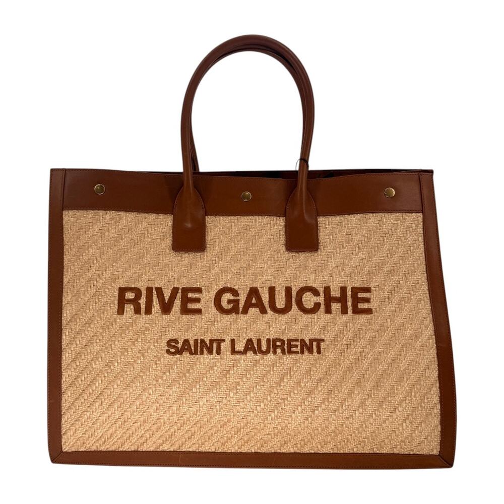 Saint Laurent Rive Gauche Raffia Leather Tote Bag Tan Natural Sand Women's OS